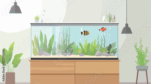 Modern Rectangular Fish Tank on Wooden Cabinet Interior Decor