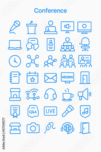A collection of blue line icons depicting various aspects of a conference, including presentations, communication, and technology.