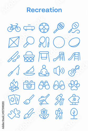Collection of blue line icons depicting various recreational activities, including sports, hobbies, and outdoor pursuits.