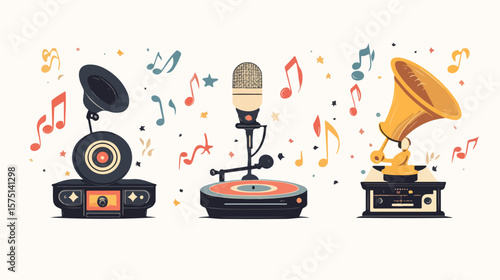 Vintage Retro Gramophone Icons Set with Turntable Vinyl
