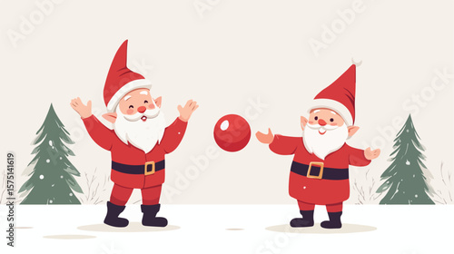 Festive Santa and Gnome Juggling Flat Vector Illustration
