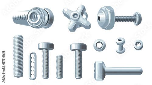 Realistic Screws, Nuts, and Bolts Icons Set for Professionals