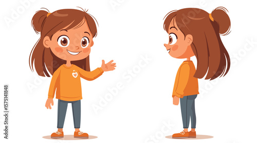 Happy girl character posing with hand gesture in isolated setting