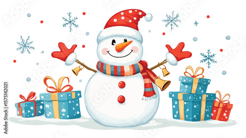 Festive Snowman Holding Jingle Bells and Gifts Vector Illustration