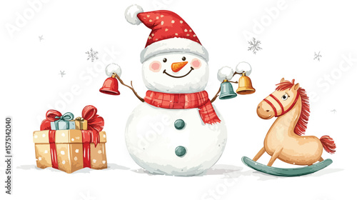 Cheerful Snowman with Jingle Bells and Rocking Horse
