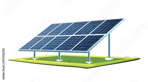 Solar Panel Standing on Green Ground Square for Renewable Energy Concept