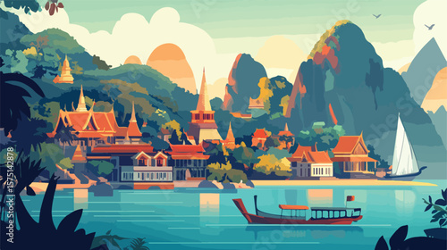 Colorful Thailand Travel Set Flat Vector Illustration