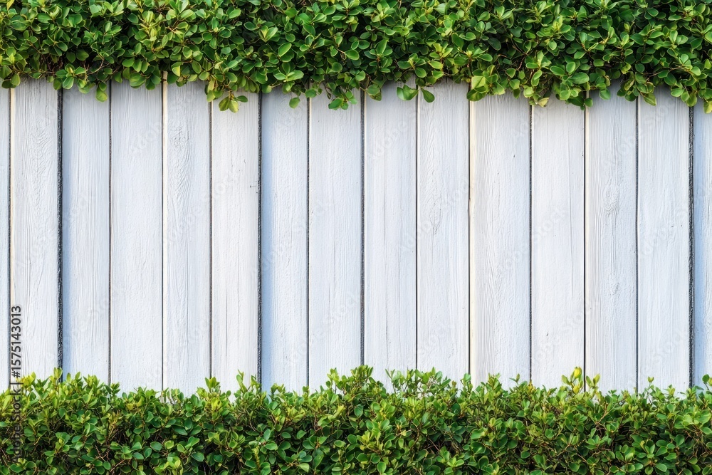 Fototapeta premium Close-up view of neatly trimmed green hedges framing a white wooden fence with vertical planks under natural daylight