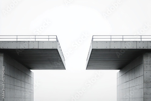 Two large unfinished concrete bridge sections extending towards each other against a blank sky backdrop, evoking a sense of incompletion and separation