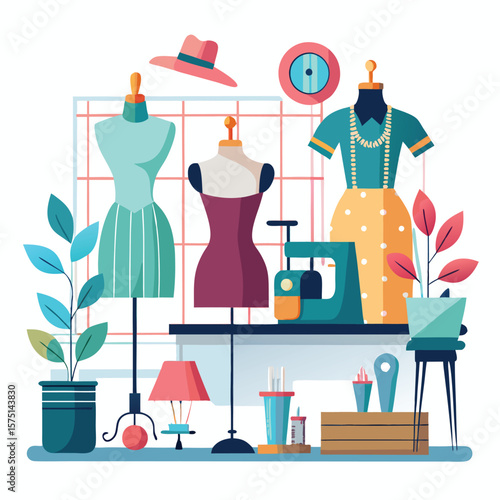 Colorful sewing studio with mannequins and accessories