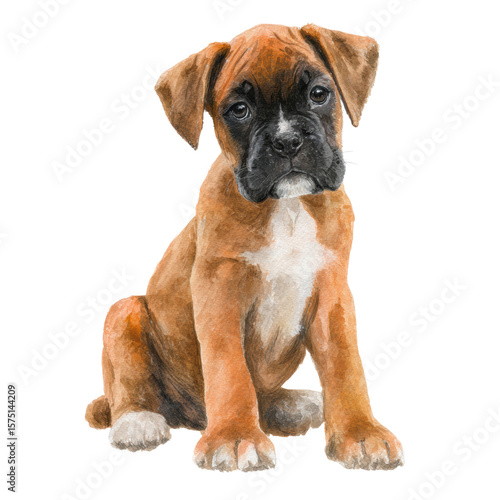 Cute brown boxer puppy with black face and white chest sitting and looking forward in watercolor style painting