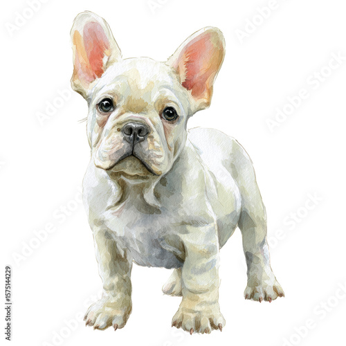 French bulldog puppy, small dog breed, cute pet illustration, white fur, standing pose, adorable animal portrait, watercolor style