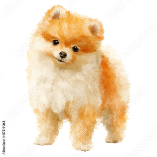 Cute fluffy small dog with orange and white fur standing and looking with bright eyes, adorable and friendly expression