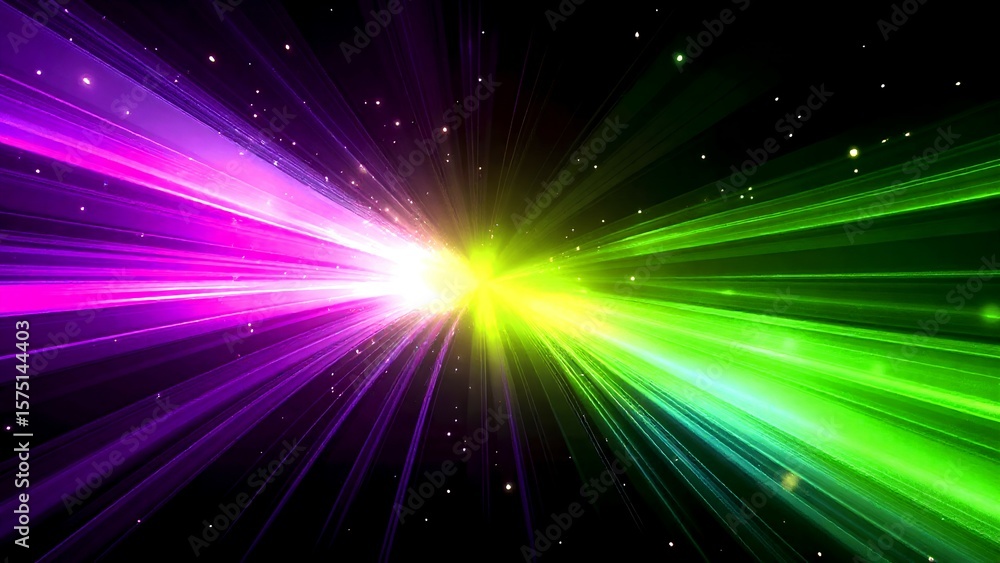 Naklejka premium A vibrant digital illustration of radiant light beams in purple and green converging at a bright yellow center, set against a dark starry background.
