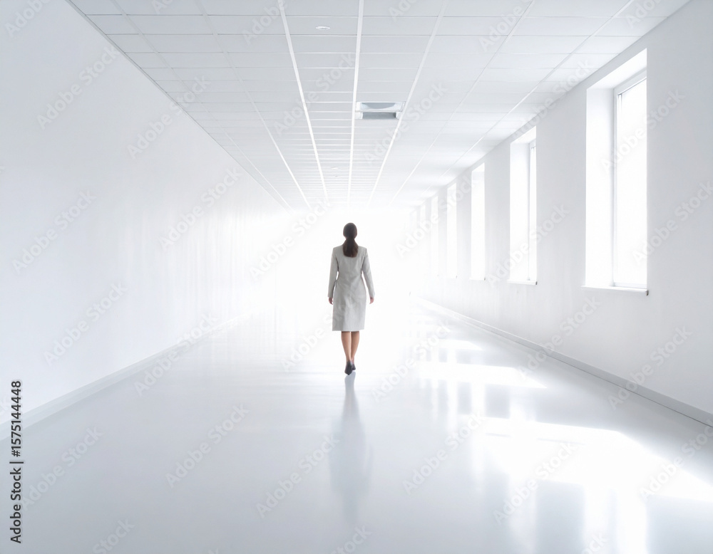Fototapeta premium A woman walks away down a long, bright white corridor towards a strong light source, representing hope, future possibilities, decision-making, and new directions in a clean, modern setting.
