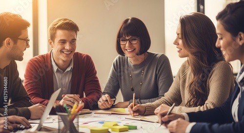 Five people in a meeting gathered around a table with papers