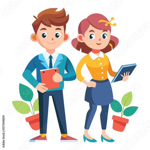 Two colleagues, one male and one female, in business attire, each holding a tablet, with potted plants nearby