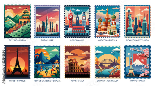 A vibrant set of travel stamps with iconic landmarks from Beijing, Dubai, London, Moscow, New York, Paris, Rio, Rome, Sydney, and Tokyo. Ideal for prints, postcards, scrapbooking, planners.