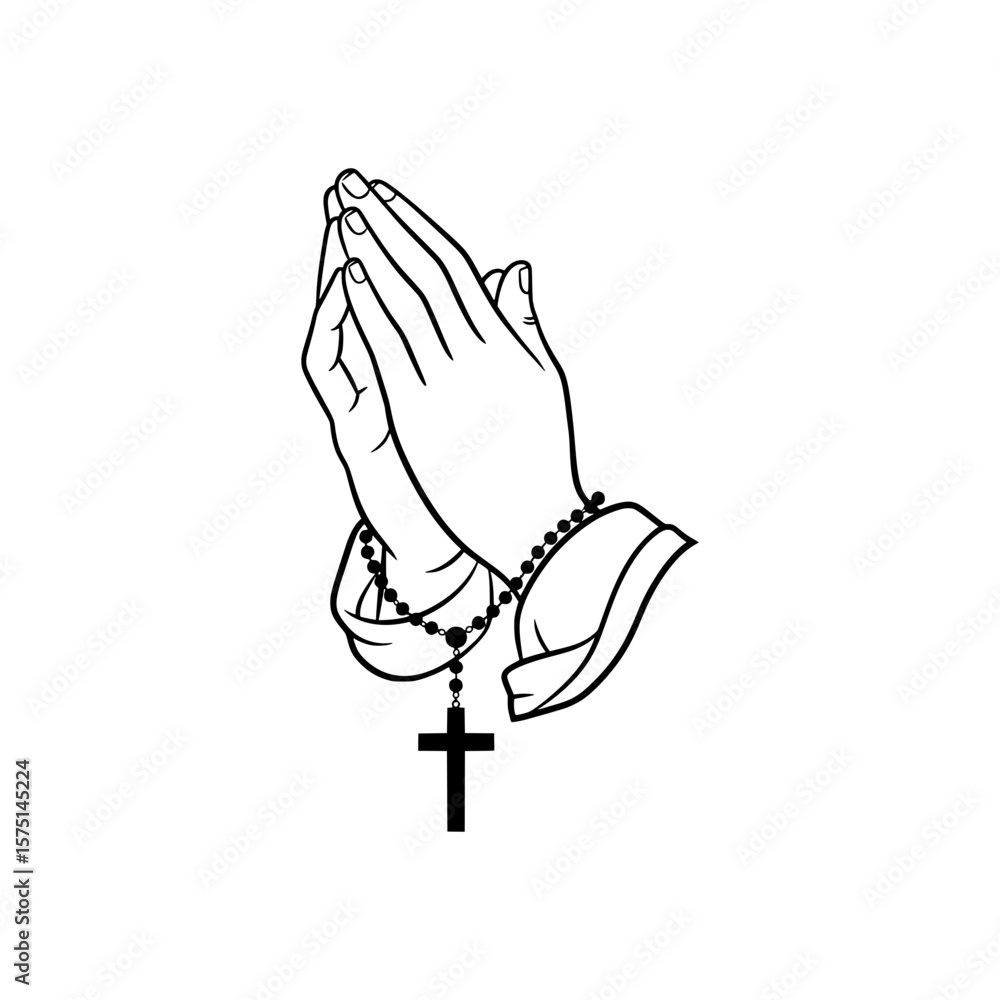 Obraz premium Outline Icon of Rosary Held by Praying Hands Symbolizing Faith and Devotion