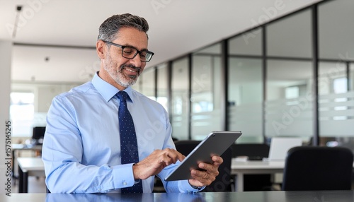 Mature corporate manager using touch screen tablet in office. Senior business man in suit consulting financial plan. Copy space.