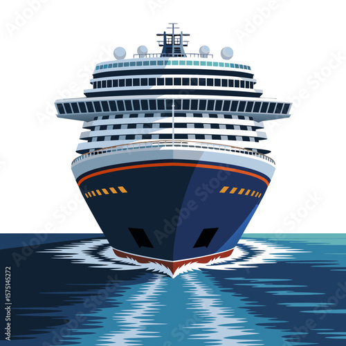 Front view of a large cruise ship sailing on the ocean, creating waves in the water.