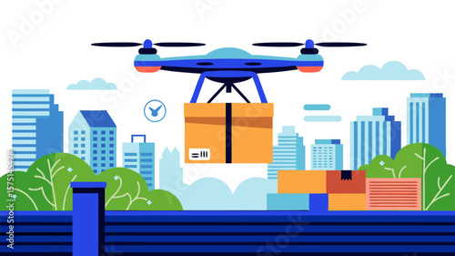 A drone carrying a package flies over a cityscape, delivering goods.