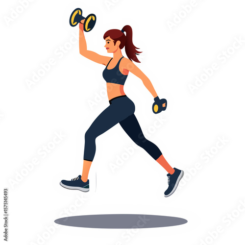 A woman in athletic wear is depicted in a dynamic exercise pose, lifting dumbbells while running.