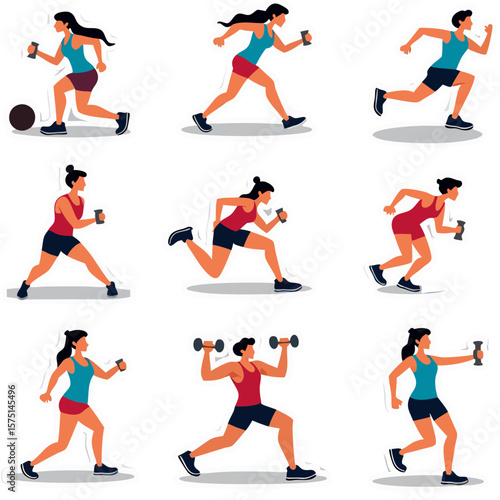 A collection of diverse female figures engaged in various athletic exercises, showcasing different running and weightlifting postures.