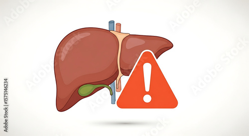 A cartoon illustration of a liver with a warning sign, indicating potential health concerns.