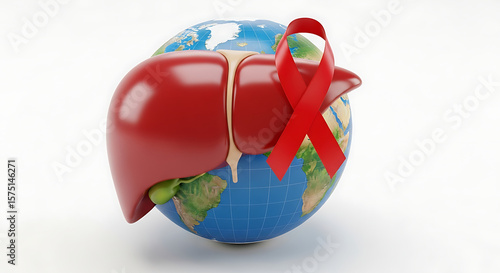 Global liver health awareness campaign, symbolized by a human liver and red ribbon on a world globe.
