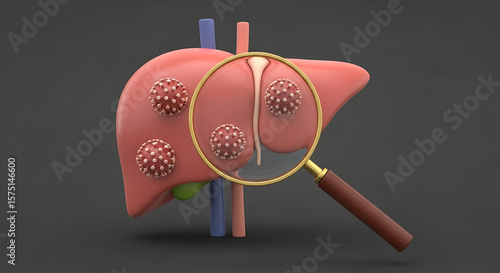3D illustration of a human liver with magnified lesions, highlighting potential disease.