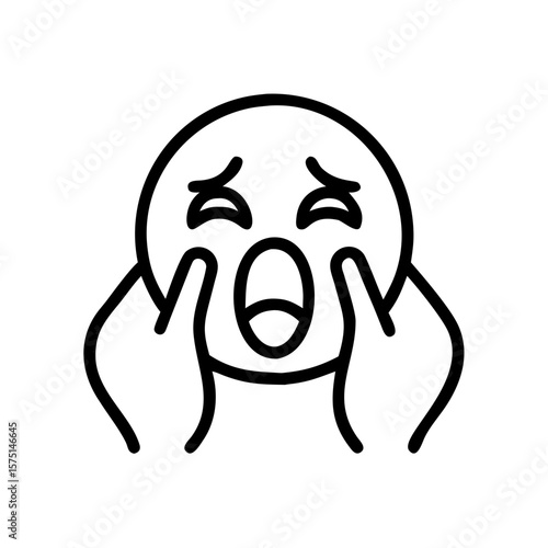 A stark monochrome line drawing of a person experiencing overwhelming emotion, their hands cupping their face in a pose of extreme distress. Expressing emotions.