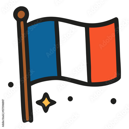 French flag waving proudly, symbol of France. Suitable for patriotic designs, Frenchthemed events, travel websites, historical presentations, educational materials.
