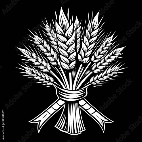 Stylized white wheat stalks tied with a ribbon against a stark black background