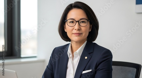 Woman in a navy blue suit and white shirt wearing glasses
