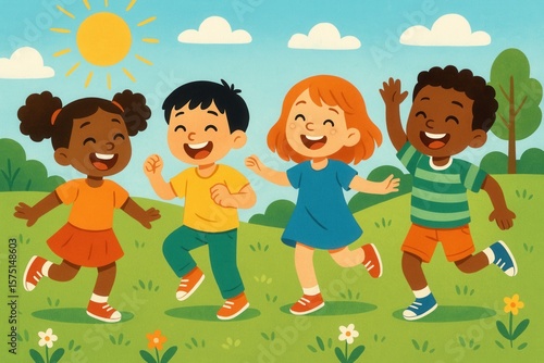 Joyful Children Dancing Together in Colorful Playground Setting