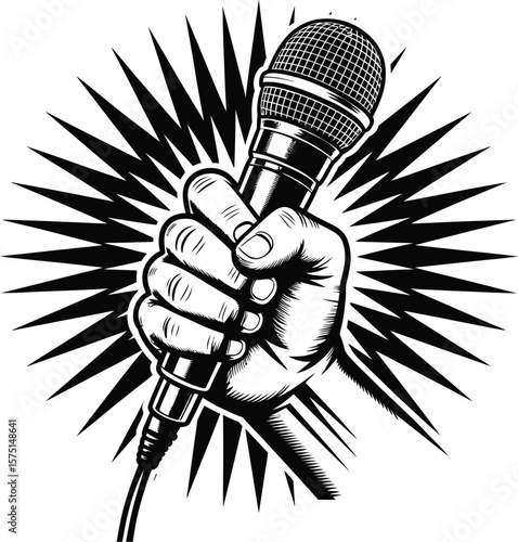 Fist holding a microphone with a starburst background in black and white