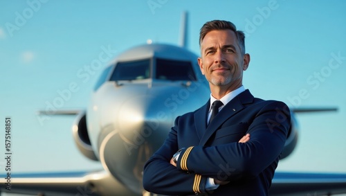 A tall confident middle aged male pilot with a strong, businessman in front of airplane