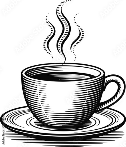 Vintage style black and white illustration of a steaming coffee cup and saucer