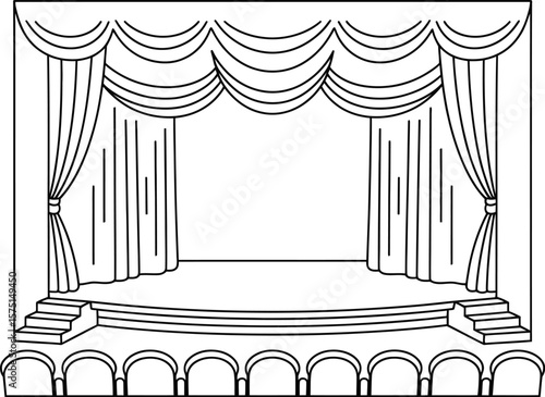 Classic theater stage with draped curtains and rows of empty seats