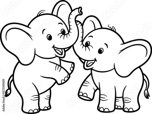 Two happy cartoon baby elephants playing together with trunks raised