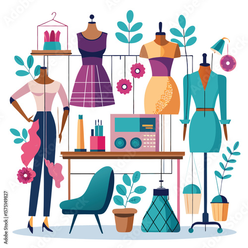Fashion design studio with mannequins, clothes, and accessories