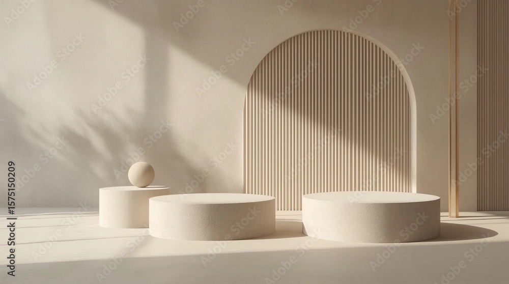 Fototapeta premium Museum product display stand or podium pedestal on advertising background with blank backdrops. 3D rendering 