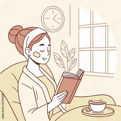 Illustration of a woman reading a book in a chair with a cup of tea and a clock on the wall nearby