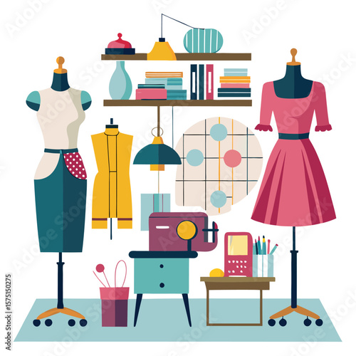 Colorful sewing studio with mannequins, sewing machine, and accessories