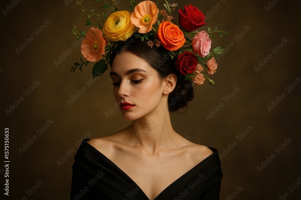 Naklejka premium Elegant fashion portrait with botanical crown featuring fresh flowers and artistic styling for editorial photography