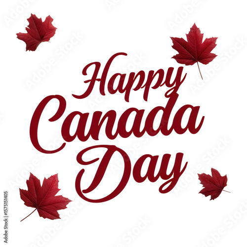 Happy canada day text with red maple leaves isolated on transparent background for national holiday celebration