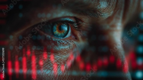 A close-up of a person's intense eyes with digital red financial graphs reflected across their face, suggesting focus and analysis.