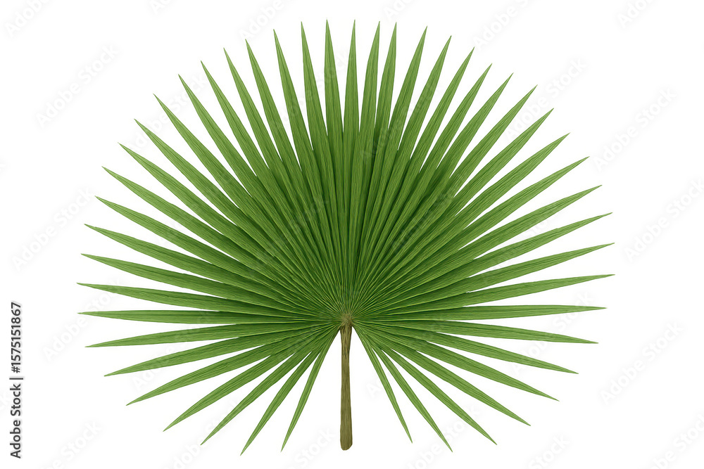 Fototapeta premium Verdant tropical palm frond displaying lush green hues and detailed texture, isolated on transparent backdrop for design applications