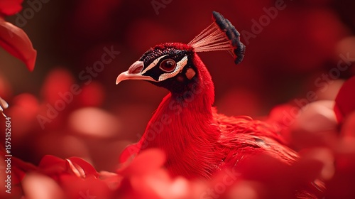 Red Peacock Bird in Crimson Floral Setting AI Art